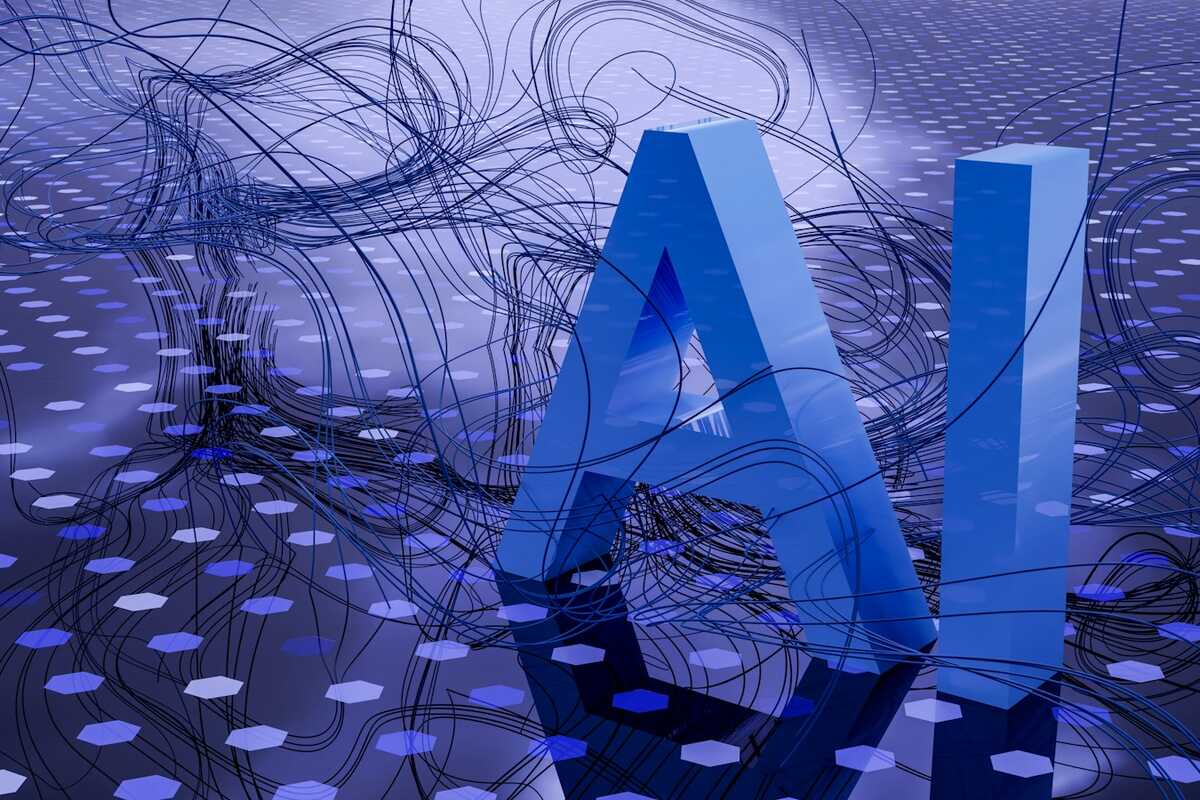 A 3D-rendered glowing 'AI' text against a dark technology background